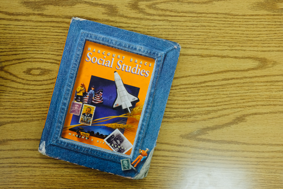 A social studies textbook in Dr. Collin's classroom. (Brandon Dahlberg)