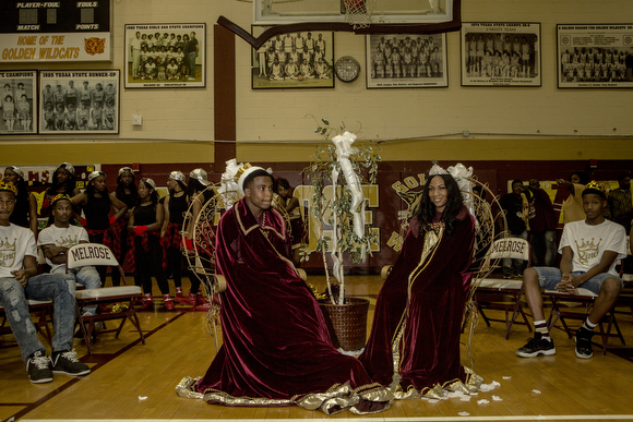 Mr. Football Quarterrion Moore and Ms. Football Chloe Williams sit at their thrones at the Melrose High School homecoming pep rally. (Andrea Morales)