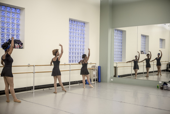 Precious Price, Nokomis McElroy and Asya Miles practice at New Ballet Ensemble. (Andrea Morales)