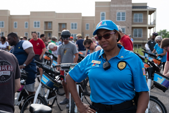 Liza Wheaton, with the Downtown Memphis Commission, participated in Wedesday's ride. She said, "the best part about today is exploring the city with the group." (Brandon Dahlberg)