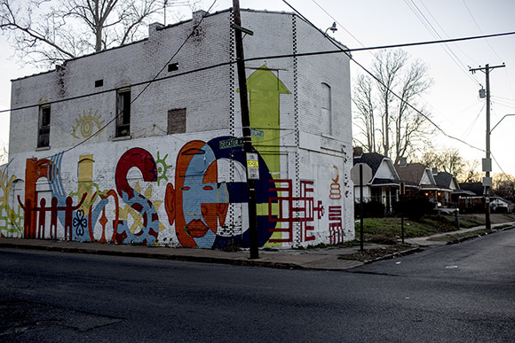 The RISE building on the corner of Looney and Decatur is a mural conceived and completed by the art club at Humes Prepatory Academy with the help of their teacher Melissa Lorenz and artist Shea Colburn. 