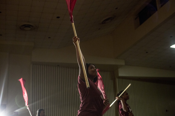 Melrose High School color guard performs with the band at a fundraiser in March.