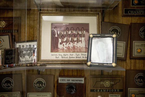The trophy case at Booker T. Washington displays decades of history. 