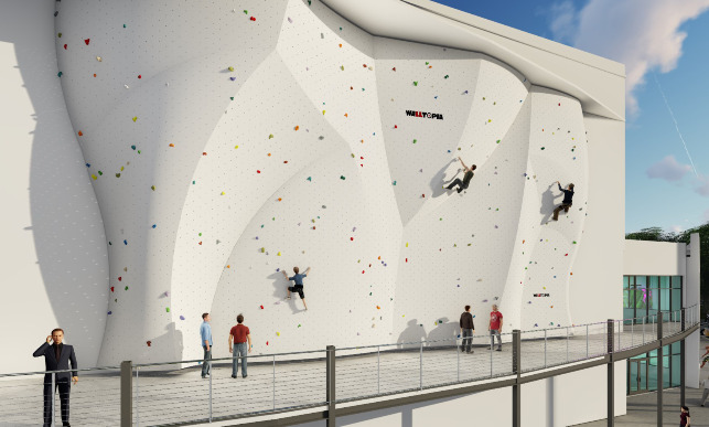 An artist rendering shows the new facility's outdoor climbing wall.