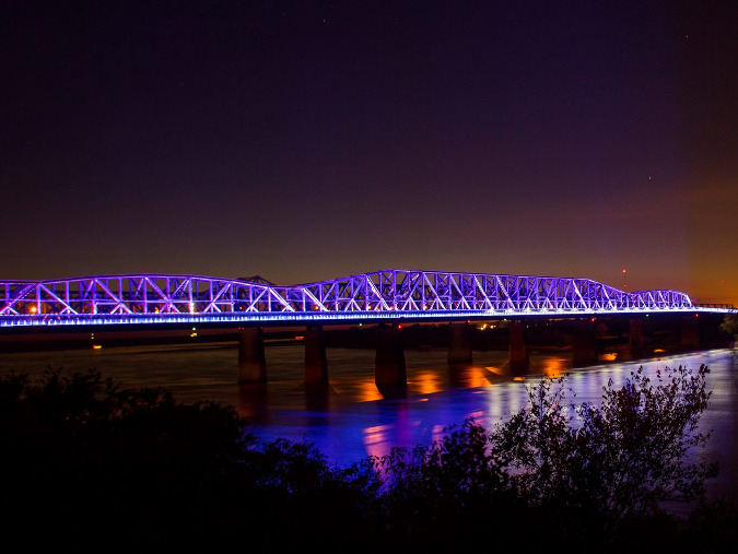 The current lights of Big River Crossing will be linked with new lights on the Hernando de Soto Bridge.