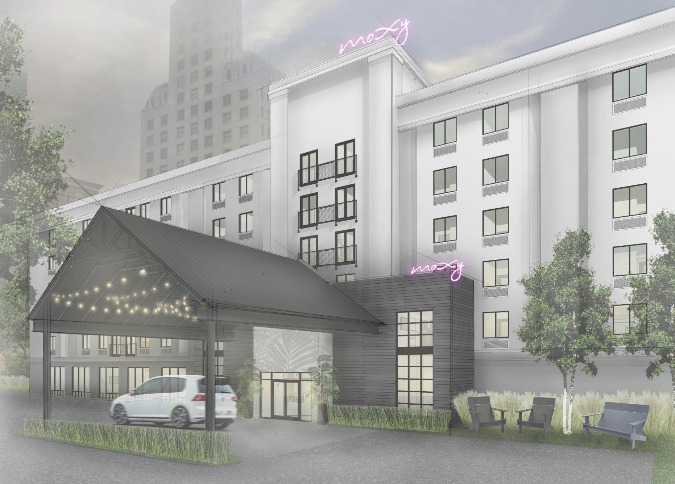 An artist rendering shows the reworked exterior for Moxy Memphis Downtown.