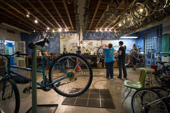 The Revolutions shop is a space where people can rehabilitate and recycle bicycles