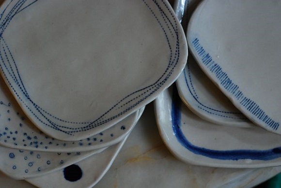 Modern blue and white pieces from Bridgman Pottery