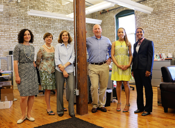 The Innovation Team includes Abby Miller (left), Megan Higgins, Suzanne Carlson, director Doug McGowen, Kerri Campbell and Nichole Scarboro. Their office is housed downtown at Emerge Memphis