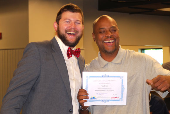 Tee Brice (right) celebrates his LAUNCH graduation with Adnace Memphis Dir. of Education Michael Rhodes