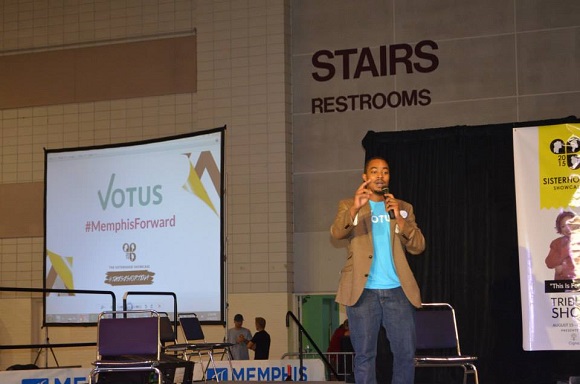 Brandon Harris speaking at a recent event in Memphis about his web-based app. 