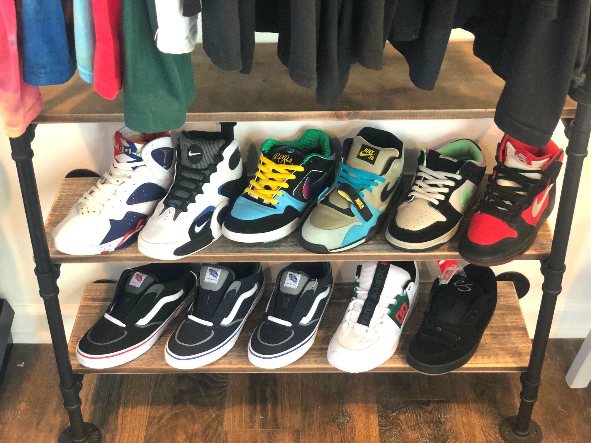 A rack of vintage sneakers on display at Majik & Co., one of the two local retailers located inside BOXLOT. (Chris Jones)