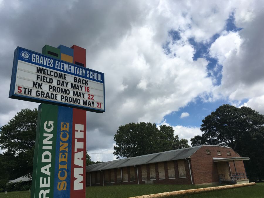 Graves Elementary School in South Memphis has been boarded up since its closure in 2014. It's one of 10 vacant school buildings in the city. (Laura Faith Kebede)