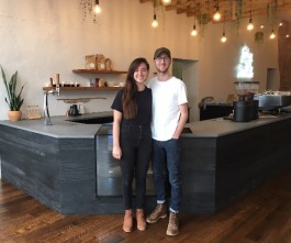 Amy and Hayes McPherson stand ready for the grand opening of Comeback Coffee in the Pinch, at 358 North Main Street, on Saturday, March 29. (Kim Coleman)