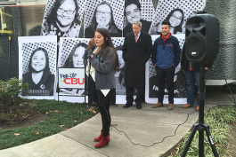 Teresa Escobar, junior Finance major with a Political Science minor at CBU, shares her story at the Inside Out art installation.