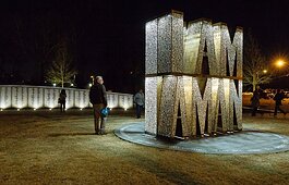 A nighttime view of the I Am A Man plaza outside of Clayborn Temple, near Downtown Memphis.