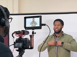 Derion Lipford films his pitch proposal for the judges of ArtUp's North Memphis Incubator in January 2020. (Sheri Neely)