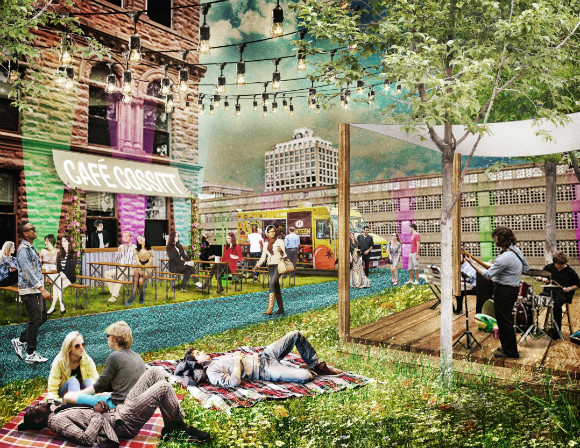 Rendering of Downtown's public space transformation thanks to the Kresge Foundation's Reimagining the Civic Commons grant.