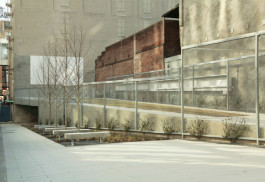 The Madison Avenue pocket park contains greenspace, gallery space, a stage and a screen for projecting films.  