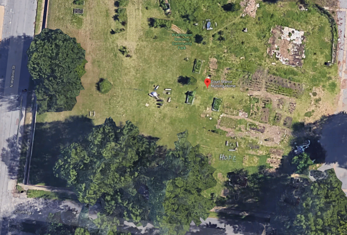 Google satellite images show the remnants of the Washington Bottoms Community Park and Garden at the corner of Court and N. Watkins streets. The garden was founded by Homeless Organizing or Power and Equality or H.O.P.E. Towards the lower right sid  