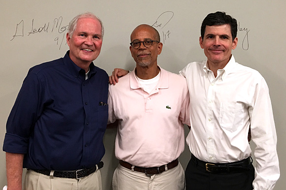 Dr. G. Scott Morris (left), Dr. Clarence Davis and Dr. Jim Bailey served as health care expert panelists at the inaugural Healthy City Town Hall meeting. The event was held on Sep. 16 at Novel bookstore.
