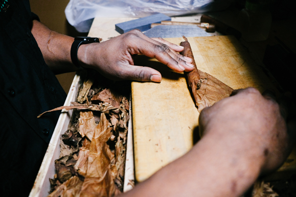 Jason Gardner rolls a cigar using techniques he and his brother learned in Cuba.