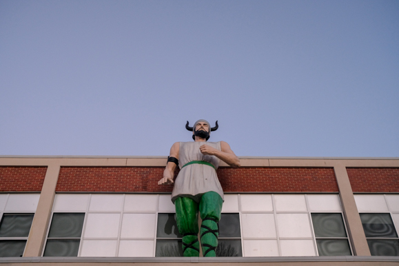 A Viking mascot watches over Hillcrest High School in Whitehaven. (Brandon Dahlberg)