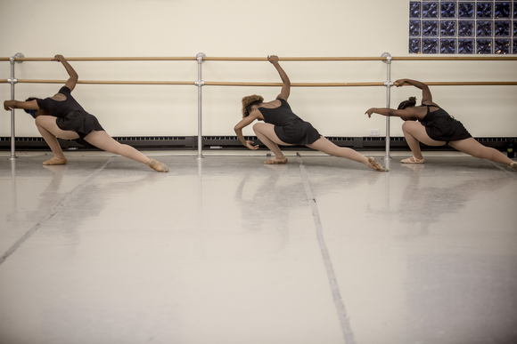 Precious Price, Nokomis McElroy and Asya Miles practice at New Ballet Ensemble's studio in Cooper-Young. (Andrea Morales)