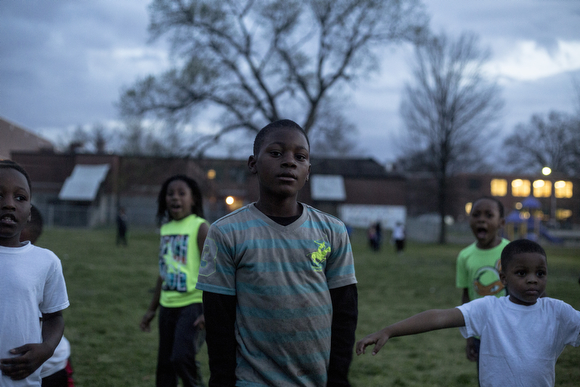 Kids on the North Memphis Steelers football team practice at the Katie Sexton Community Center. 