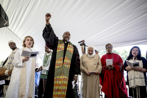 From left: African musician Ekpe Abioto, Rev. Laura Gettys, Rev. Dr. Andre Johnson, Dr. Nabil Bayakly and Rev. Sonia Louden Walker were part of the participants in the program at the centennial commemoration ceremony of the lynching of Ell Persons. 