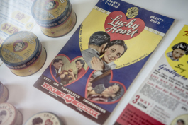 Vintage advertisements and packages from Lucky Heart Cosmetics' products are on display at the new storefront at 939 Dr. Martin Luther King Boulevard.
