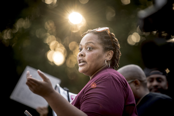 Tami Sawyer, an activist that helped spearhead the campaign to remove the Confederate statues in Memphis, addresses the crowd of hundreds gathered at Health Sciences Park, the site of the contested statute of General Nathan Bedford Forrest.