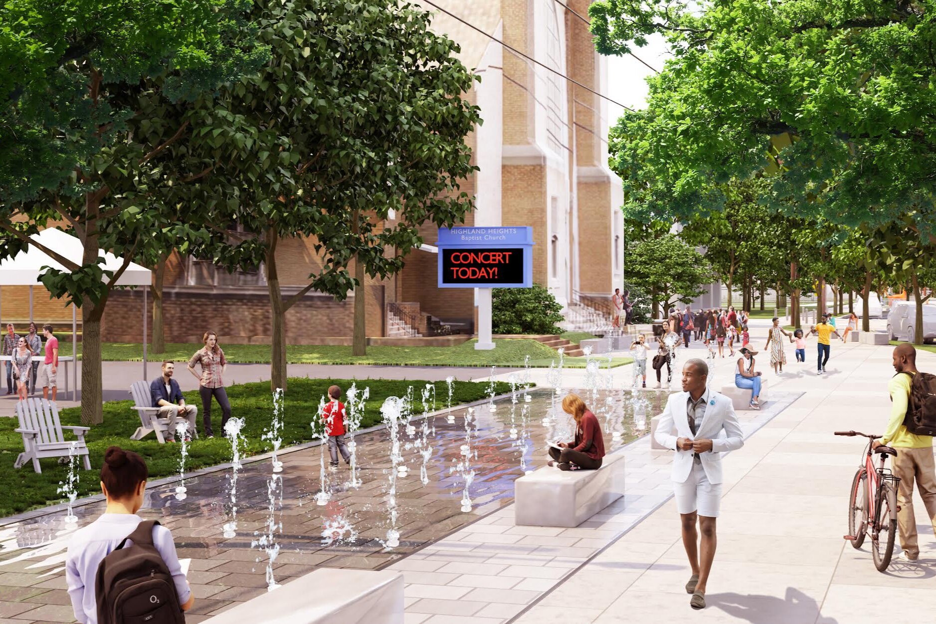 An interactive fountain, which would operate much like a splash pad, would provide a place for children to have fun and cool off.