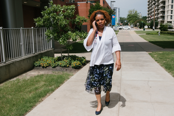 Lydia Walker walks between the building which houses the Memphis CHiLD clinic and the LeBonheur's main campus. (Brandon Dahlberg)