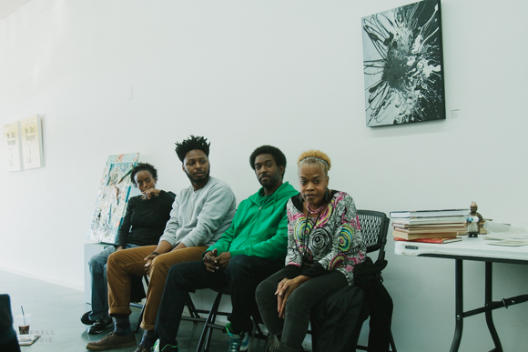 (L to R) Artists Darlene Newman, Eso Tolson, Lester Merriweather, Lurlynn Franklin participate in a panel discussion for "The Black Experience" exhibition at Orange Mound Gallery.