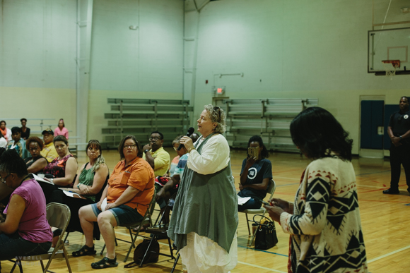 June West, executive director of Memphis Heritage, addresses MLGW at a recent community meeting. 