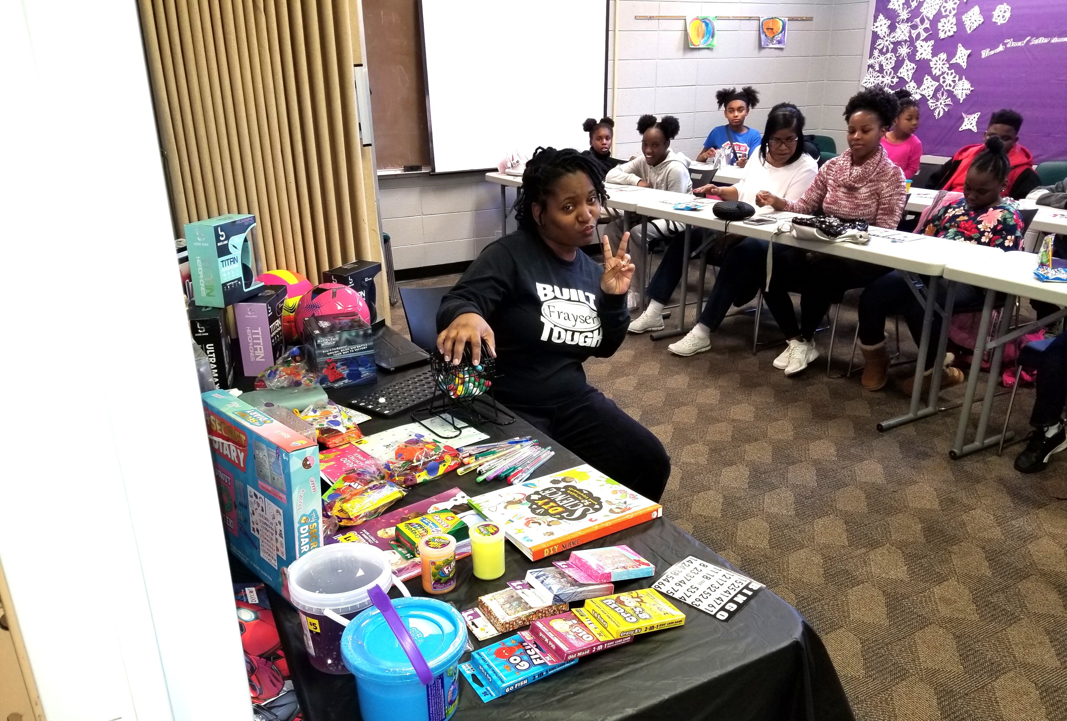 Chantale Pollard, circulation supervisor of Frayser Branch Library, leads Bingo at the Library. Whenever there are large crowds at the Frayser Branch Library, the staff hands out applications for LifeBridge. (Monique Rials)