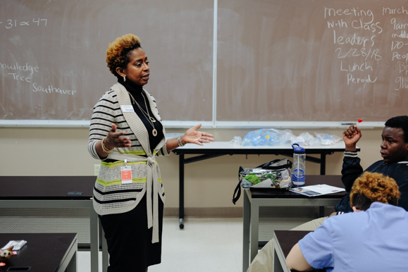 Ruth Phillips of BancorpSouth speaks with Job Corps students. The course covered many elements of becoming home owners, such as building credit and the various services banks offer. (Brandon Dahlberg)