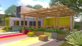Renderings for the new Soulsville container restaurant show a bold and colorful design with indoor and outdoor seating. (Submitted)