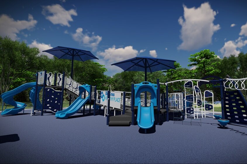The space will feature a large play area, thrive fitness station, swing sets, freestanding play and climbing areas, and more.