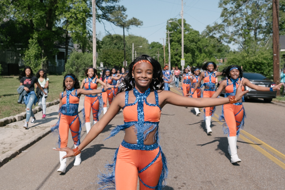 The Bellevue Middle School majorettes perform on March 29 during a foster care awareness parade.