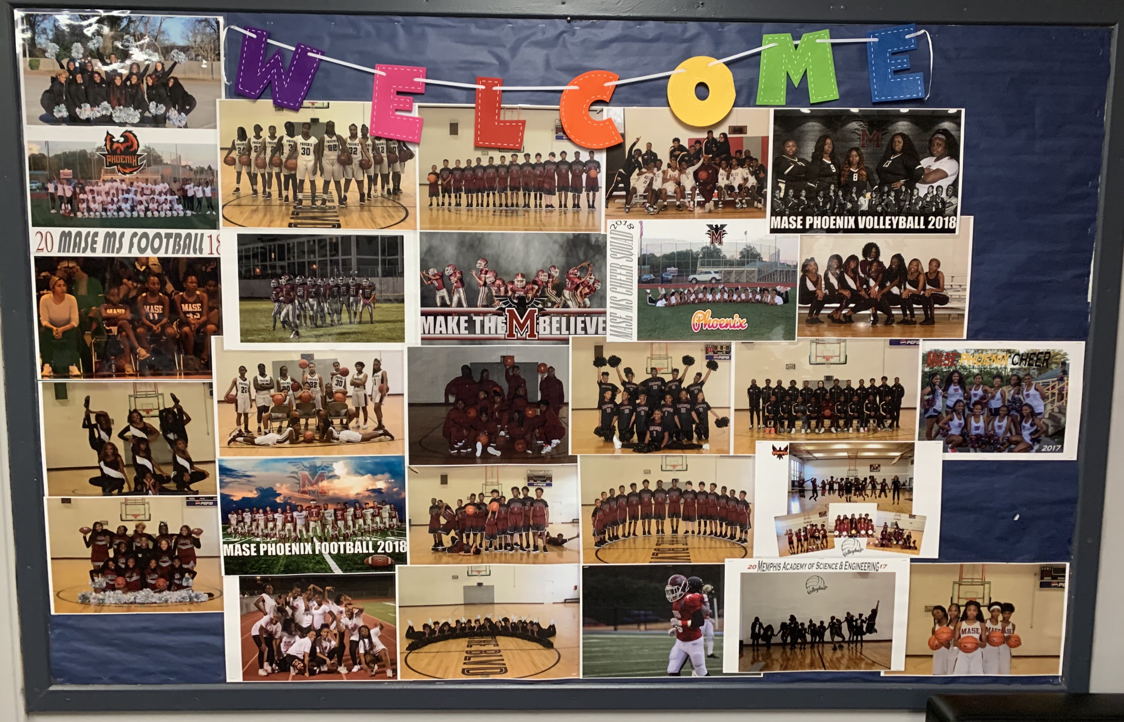 A bulletin board at MASE celebrates its various athletics teams. (Jeff Hulett)