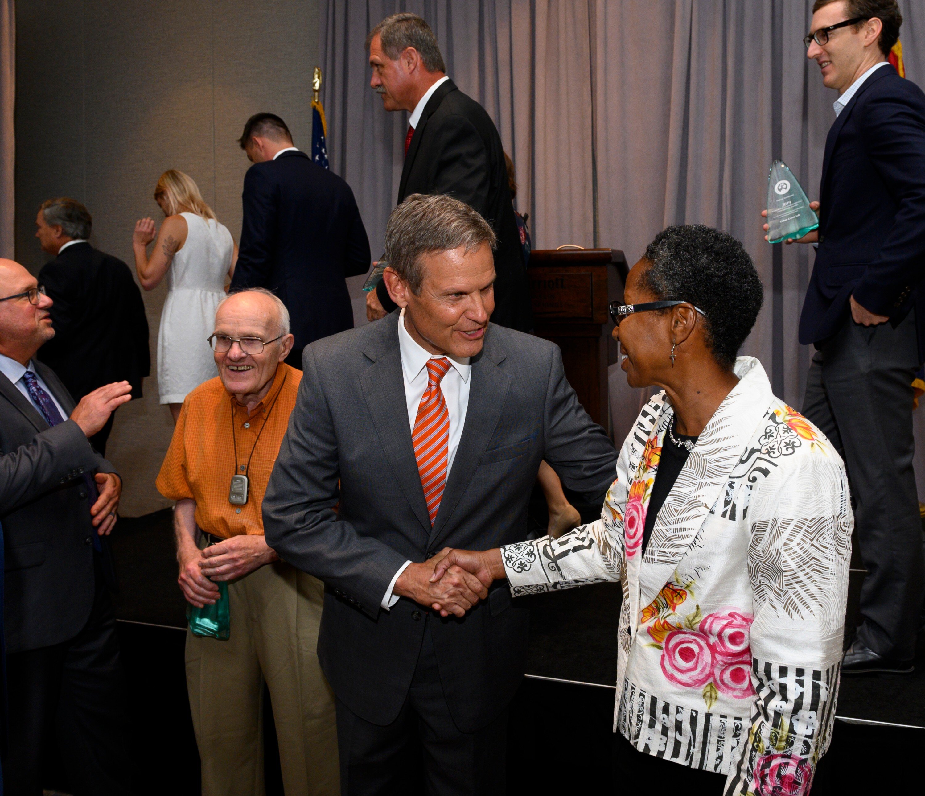 Dana Merriweather, founder and vice president of the Mitchell Heights Neighborhood Association, shakes hands with Governor Bill Lee at a luncheon for winners of the 2019 Tennessee Governor's Award for Environmental Stewardship. (TN Green Gov) 