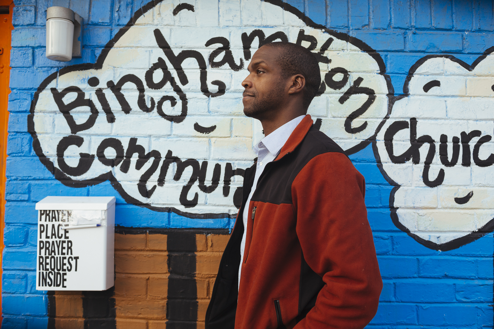 Pastor Shun Abram in front of Binghampton Community Church, located in east Binghampton. (Ziggy Mack)