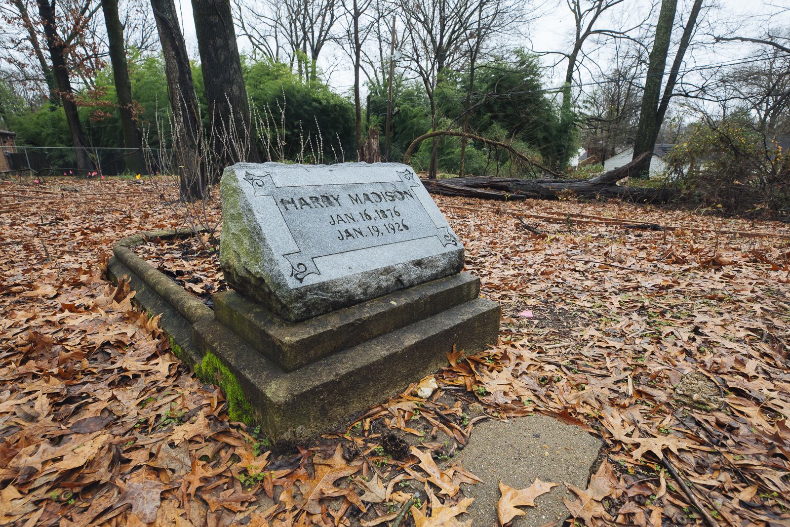 The burial site of Harry Madison, one of two headstones in the Madison-Eckles Cemetery Park that is still legible. (Ziggy Mack)