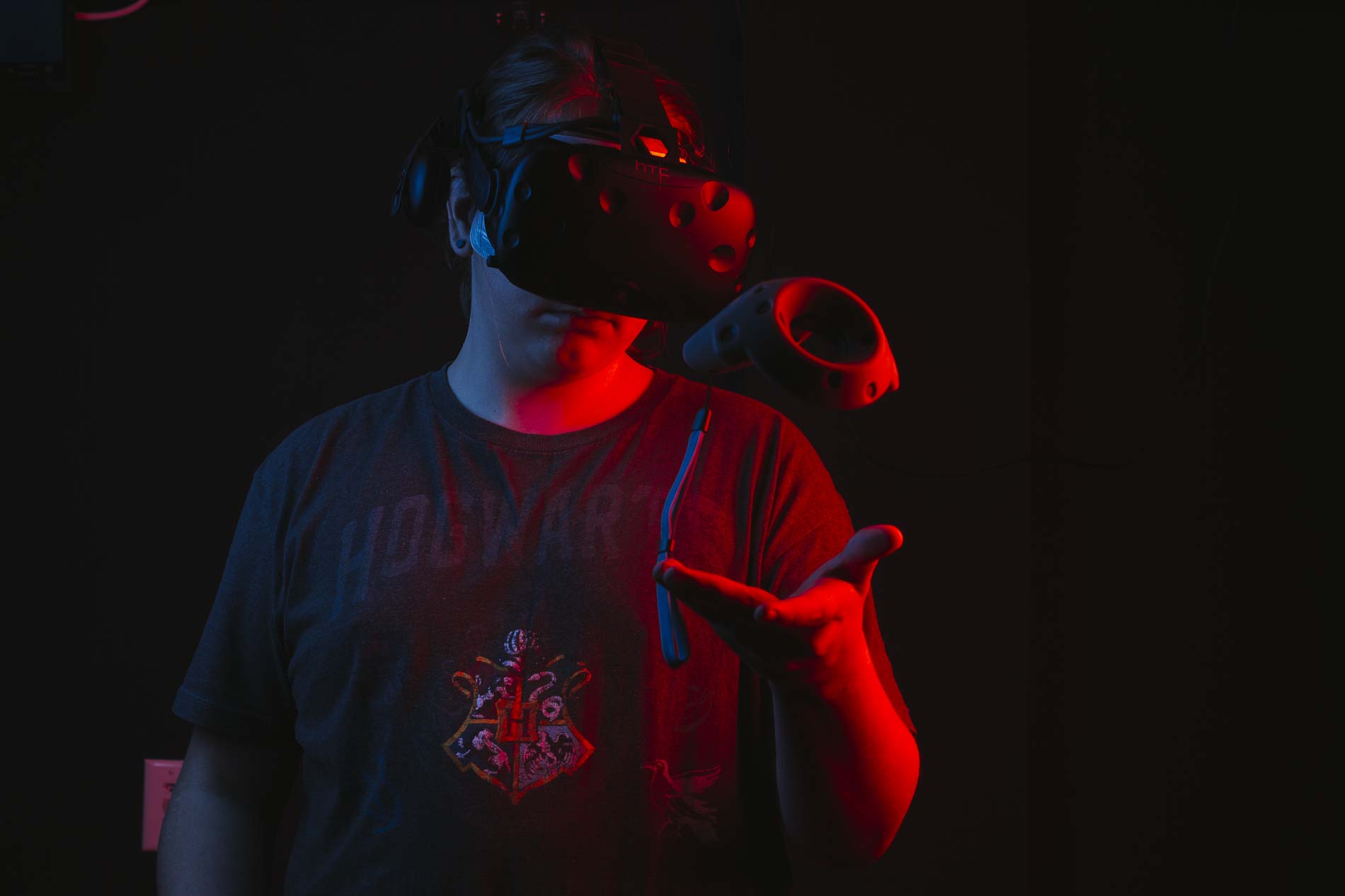  A Bluff City Virtual Reality employee uses reality augmentation equipment at the Cordova location. (Ziggy Mack)