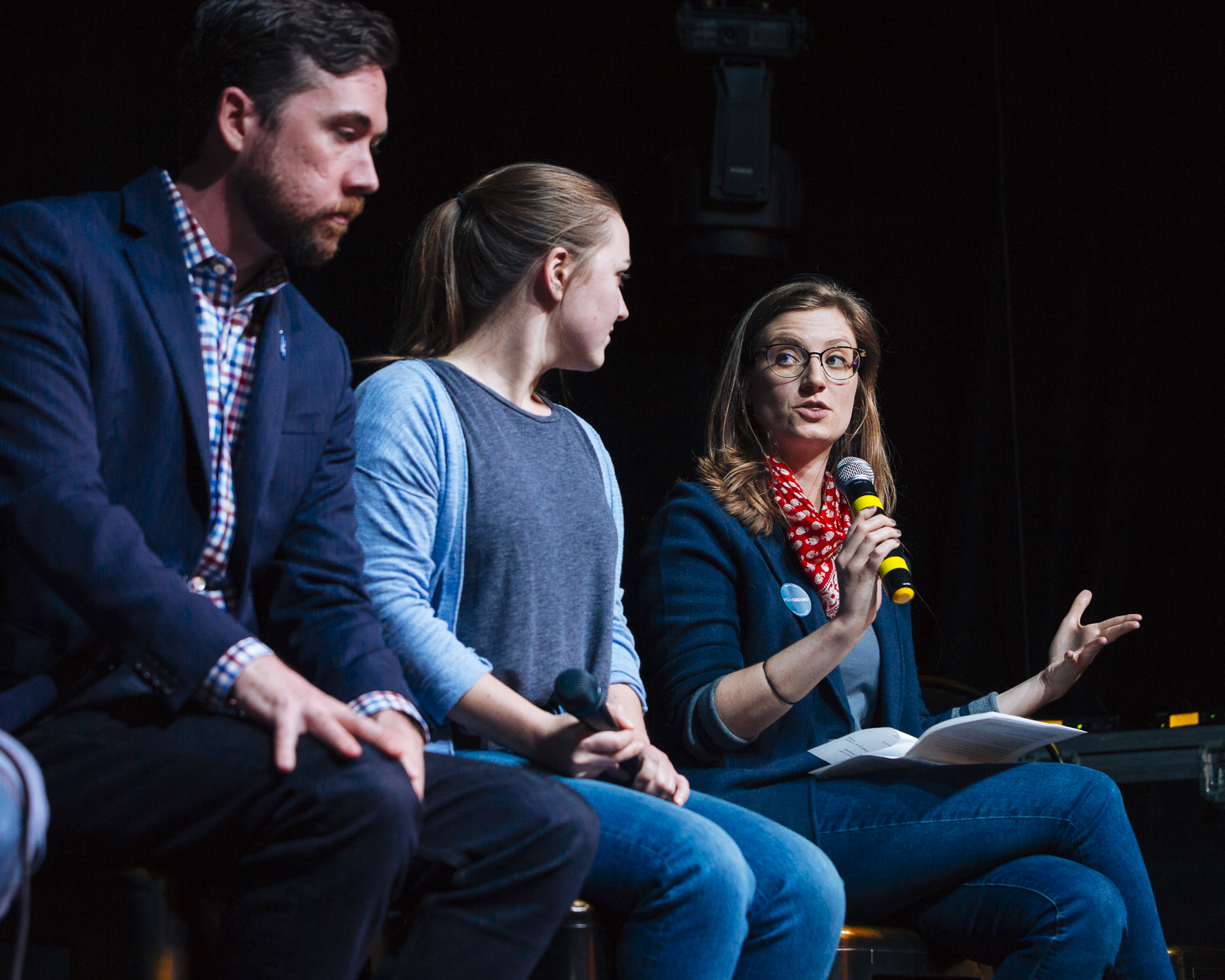 Madeline Faber, High Ground News executive editor, addresses Cody Fletcher and Aubrey Toldi at an April 2 panel discussion. (Ziggy Mack)