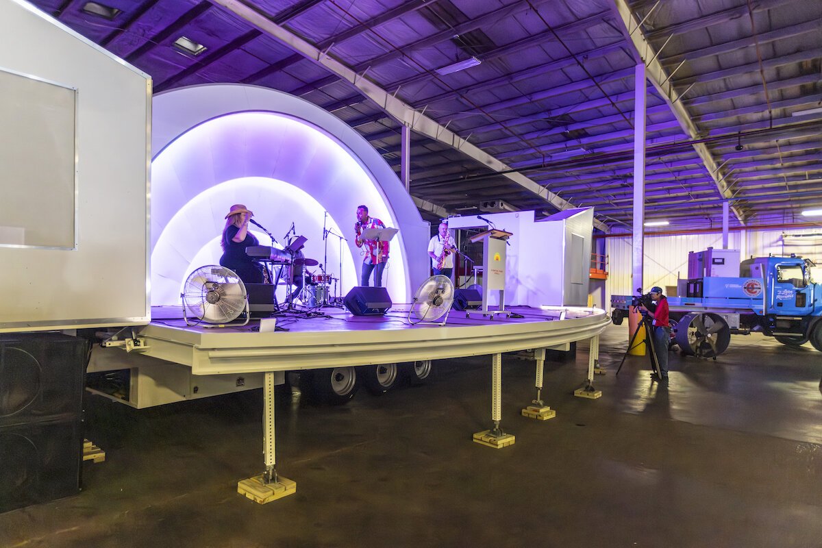 The Mobile Shell is a mobile, functional replica of the Overton Park Shell, scaled down to half the size of the historic bandshell first established in 1936.