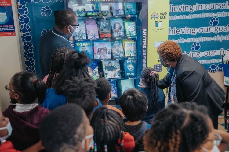 The unveiling of the new Book Vending Machine at Scenic Hills Elementary.