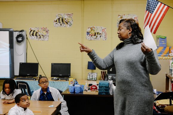 Dr. Melissa Collins gives instructions to her class at John P. Freeman Optional School in Whitehaven in 2018.